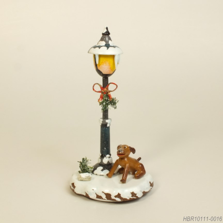 街路灯と子犬 - 木製ミニチュア飾り