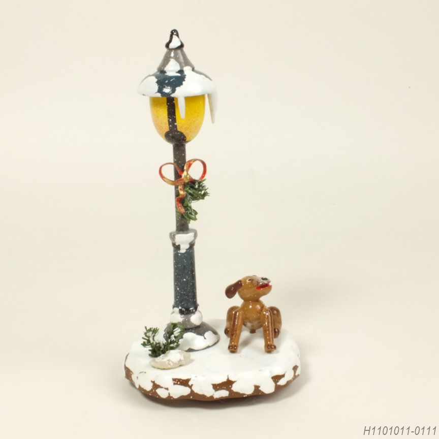 街路灯と子犬 - 木製ミニチュア飾り